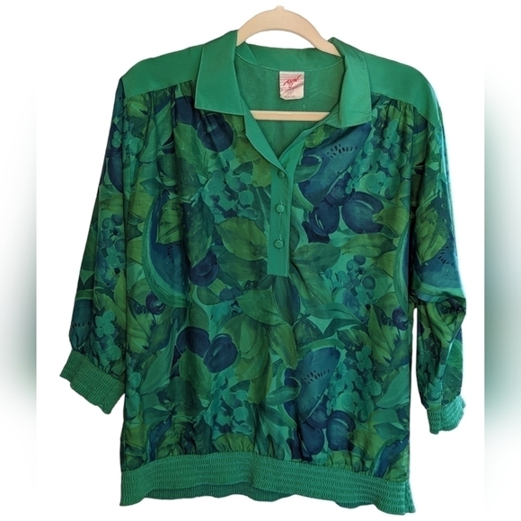 Vintage GW Division of Graff Tropical Green Floral Half Button Blouse Top Size M - Picture 2 of 14